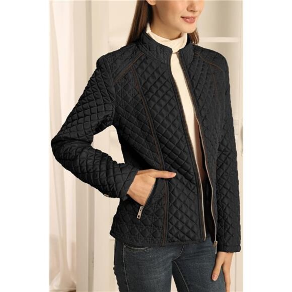 Women's Stand Collar Lightweight Quilted Puffer Jacket Padded Zip - Picture 2 of 7